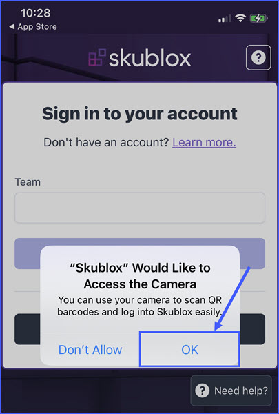 skublox ios mobile app access to camera